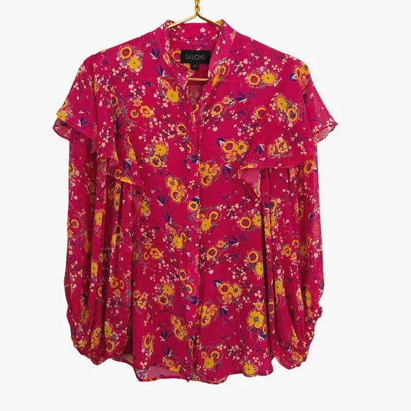 Saloni Chloe Silk Floral Blouse Top Size 4 Pink Button Front Ruffles Feminine - Picture 2 of 14